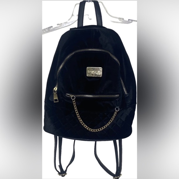 Bebe Women’s Black Gina Velvet Large Backpack Gold Tone Hardware Adjustable - Picture 1 of 16